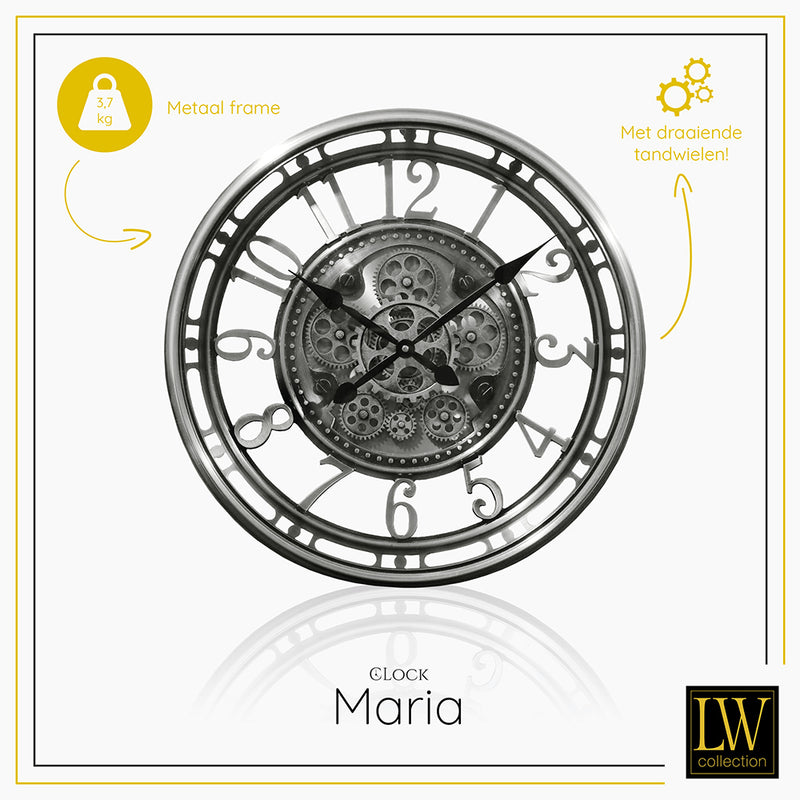 LW Collection Wandklok radar Maria zilver 54cm - Wandklok romeinse cijfers draaiende tandwielen - Industriële wandklok stil uurwerk wandklok wandklokken klokken uurwerk klok