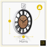 LW Collection Wandklok Morris zwart hout en zilver 60cm - Wandklok romeinse cijfers - Industriële wandklok stil uurwerk wandklok wandklokken klokken uurwerk klok