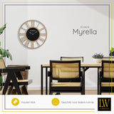 LW Collection Wandklok Myrella hout 60cm - Wandklok romeinse cijfers - Industriële wandklok stil uurwerk wandklok wandklokken klokken uurwerk klok