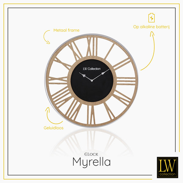 LW Collection Wandklok Myrella hout 60cm - Wandklok romeinse cijfers - Industriële wandklok stil uurwerk wandklok wandklokken klokken uurwerk klok