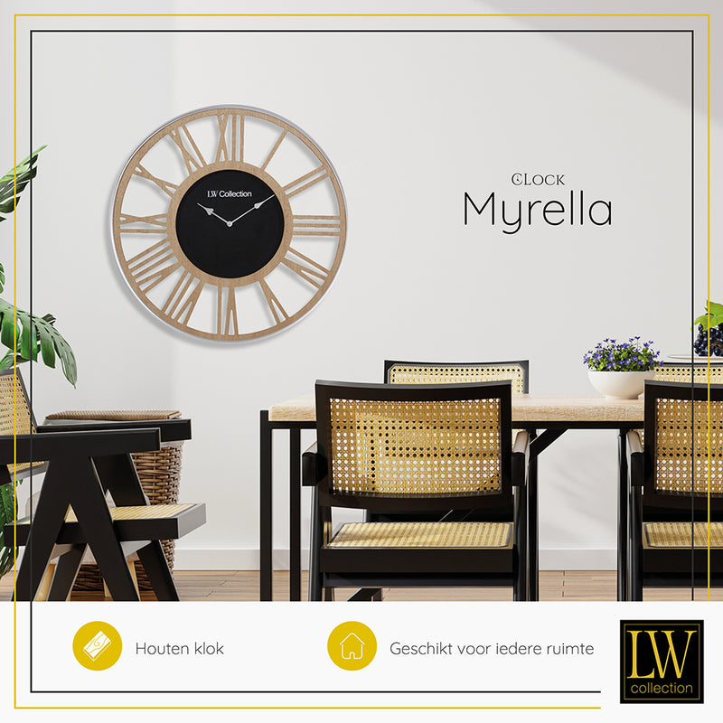 LW Collection Wandklok XL Myrella hout 80cm - Wandklok romeinse cijfers - Industriële wandklok stil uurwerk wandklok wandklokken klokken uurwerk klok