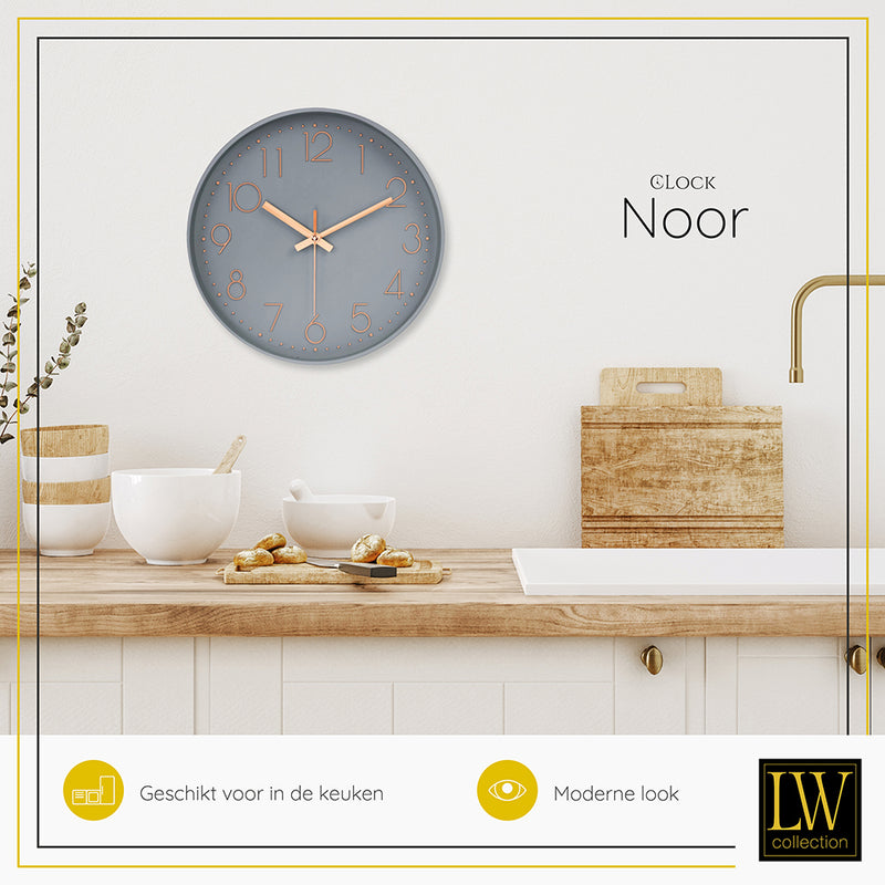 LW Collection Keukenklok Noor Grijs 30cm - wandklok stil uurwerk - muurklok wandklok wandklokken klokken uurwerk klok