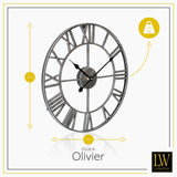 LW Collection Wandklok Olivier zilver 40cm - Wandklok romeinse cijfers - Industriële wandklok stil uurwerk wandklok wandklokken klokken uurwerk klok