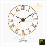 LW Collection Wandklok Olivier goud 60cm - Wandklok romeinse cijfers - Industriële wandklok stil uurwerk wandklok wandklokken klokken uurwerk klok