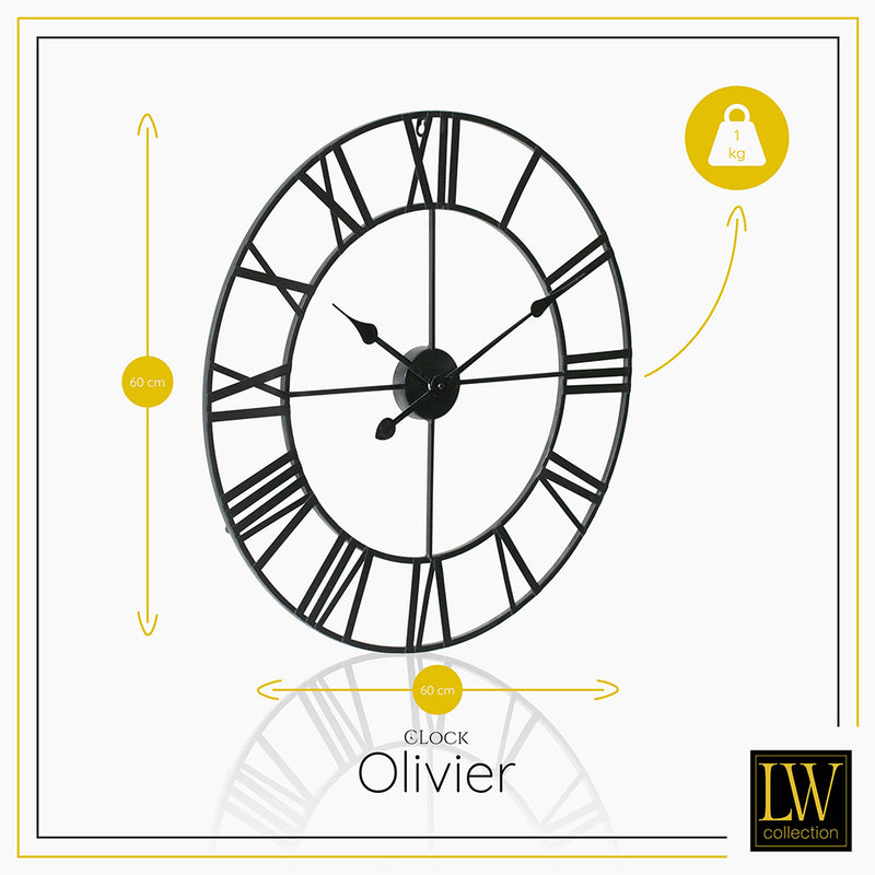 LW Collection Wandklok Olivier zwart 60cm - Wandklok romeinse cijfers - Industriële wandklok stil uurwerk wandklok wandklokken klokken uurwerk klok