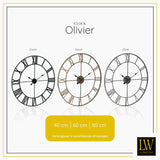 LW Collection Wandklok XL Olivier Goud 80cm - Wandklok romeinse cijfers - Industriële wandklok stil uurwerk wandklok wandklokken klokken uurwerk klok