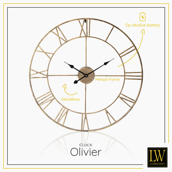 LW Collection Wandklok XL Olivier Goud 80cm - Wandklok romeinse cijfers - Industriële wandklok stil uurwerk wandklok wandklokken klokken uurwerk klok