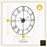 LW Collection Wandklok XL Olivier Zilver 80cm - Wandklok romeinse cijfers - Industriële wandklok stil uurwerk wandklok wandklokken klokken uurwerk klok