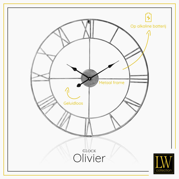 LW Collection Wandklok XL Olivier Zilver 80cm - Wandklok romeinse cijfers - Industriële wandklok stil uurwerk wandklok wandklokken klokken uurwerk klok