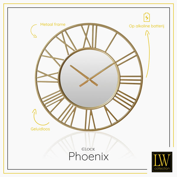 LW Collection Wandklok Phoenix Goud 60cm - wandklok modern - stil uurwerk- industriële wandklok wandklok wandklokken klokken uurwerk klok