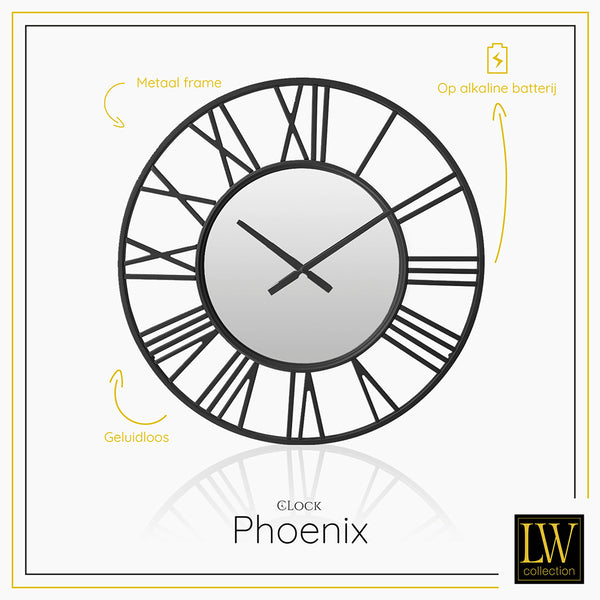 LW Collection Wandklok Phoenix zwart 60cm - wandklok modern - stil uurwerk- industriële wandklok wandklok wandklokken klokken uurwerk klok
