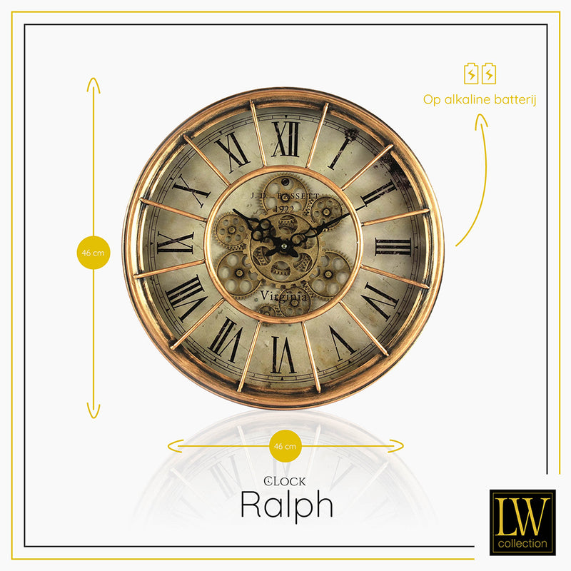 LW Collection Wandklok radar Ralph bruin 46cm - Wandklok romeinse cijfers draaiende tandwielen - Industriële wandklok stil uurwerk wandklok wandklokken klokken uurwerk klok