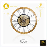 LW Collection Wandklok radar Ryan bruin 65cm - Wandklok romeinse cijfers draaiende tandwielen - Industriële wandklok stil uurwerk wandklok wandklokken klokken uurwerk klok