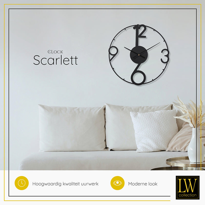 LW Collection Wandklok Scarlett Zwart 60cm - Wandklok - Industriële wandklok stil uurwerk