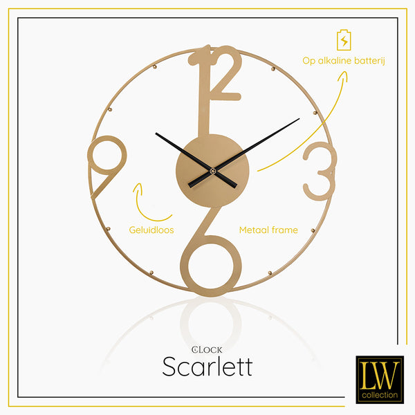 LW Collection Wandklok Scarlett Goud 80cm - Wandklok modern - Industriële wandklok stil uurwerk wandklok wandklokken klokken uurwerk klok