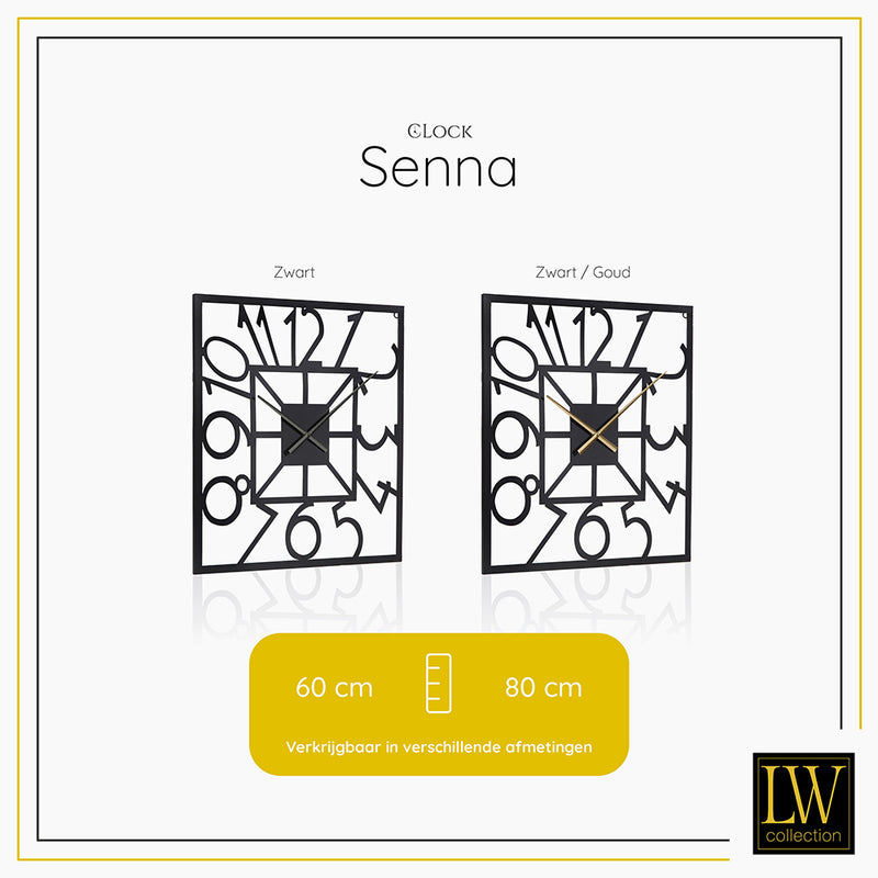 LW Collection Wandklok Senna zwart 60cm - Wandklok modern - Industriële wandklok stil uurwerk wandklok wandklokken klokken uurwerk klok