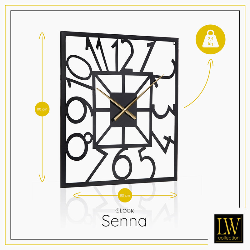 LW Collection Wandklok XL Senna zwart met gouden wijzers 80cm - Wandklok minimalistisch - Industriële wandklok stil uurwerk wandklok wandklokken klokken uurwerk klok