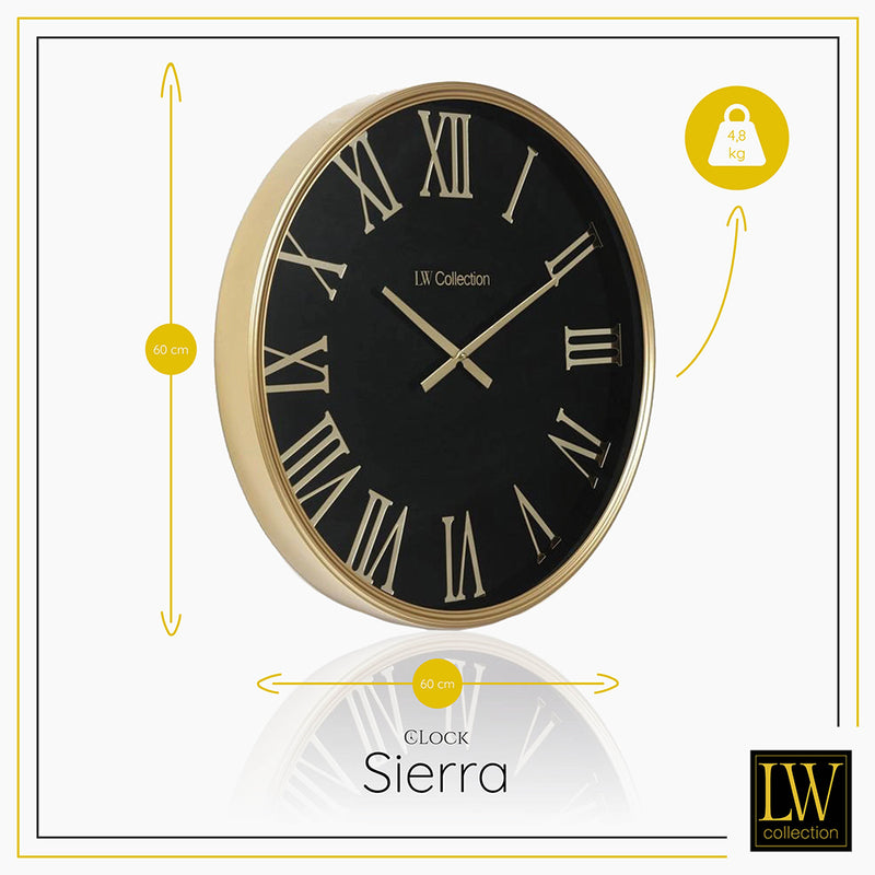 LW Collection Wandklok Sierra Goud zwart 60cm - Wandklok romeinse cijfers - Industriële wandklok stil uurwerk wandklok wandklokken klokken uurwerk klok
