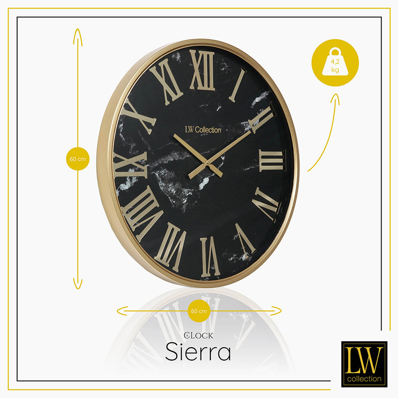 LW Collection Wandklok Sierra Goud zwart Marmer 60cm - Wandklok romeinse cijfers - Industriële wandklok stil uurwerk wandklok wandklokken klokken uurwerk klok