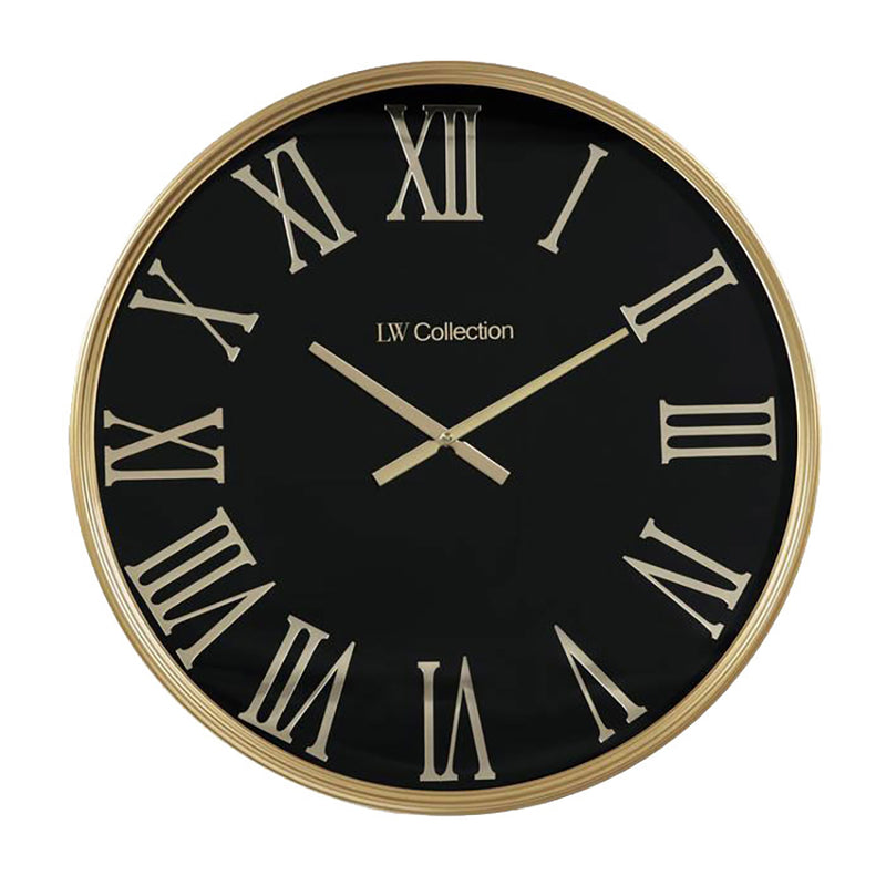 LW Collection Wandklok XL Sierra Goud zwart 80cm - Wandklok romeinse cijfers - Industriële wandklok stil uurwerk wandklok wandklokken klokken uurwerk klok