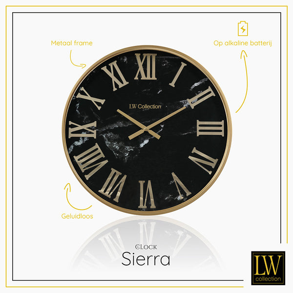 LW Collection Wandklok XL Sierra goud marmer 80cm - Wandklok romeinse cijfers - Industriële wandklok stil uurwerk wandklok wandklokken klokken uurwerk klok