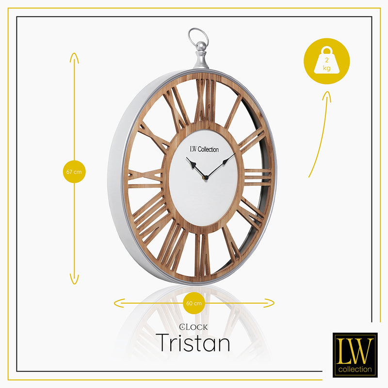 LW Collection Wandklok Tristan Hout 60cm - Wandklok romeinse cijfers - Industriële wandklok stil uurwerk wandklok wandklokken klokken uurwerk klok