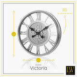 LW Collection Wandklok radar Victoria Zilver 53cm - Wandklok romeinse cijfers draaiende tandwielen - Industriële wandklok stil uurwerk wandklok wandklokken klokken uurwerk klok