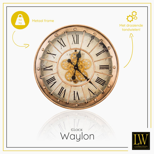 LW Collection Wandklok radar Waylon bruin 60cm - Wandklok romeinse cijfers draaiende tandwielen - Industriële wandklok stil uurwerk wandklok wandklokken klokken uurwerk klok