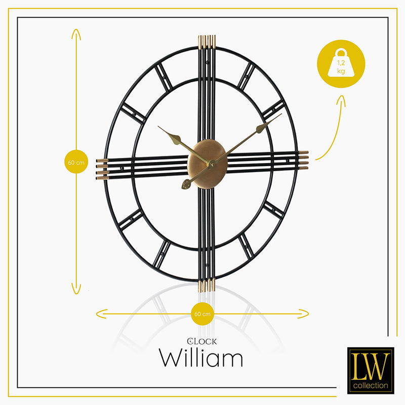 LW Collection Wandklok William zwart goud 60cm - Wandklok romeinse cijfers - Industriële wandklok stil uurwerk wandklok wandklokken klokken uurwerk klok