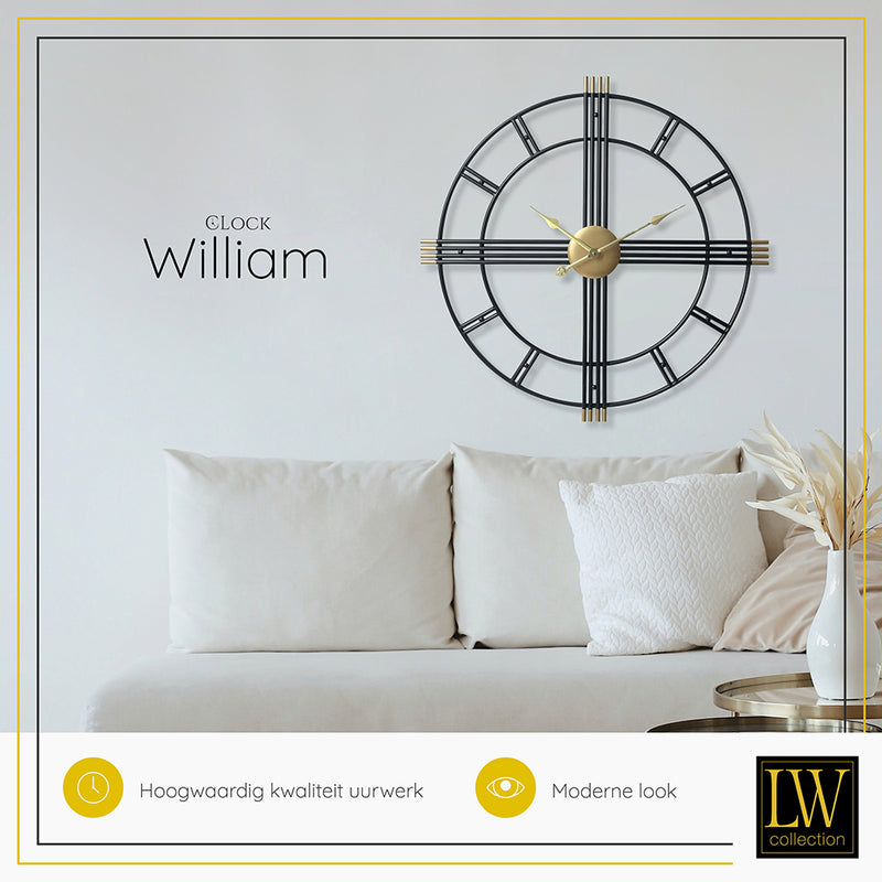 LW Collection Wandklok William Zwart goud 80cm - Wandklok modern - Stil uurwerk - Industriële wandklok wandklok wandklokken klokken uurwerk klok