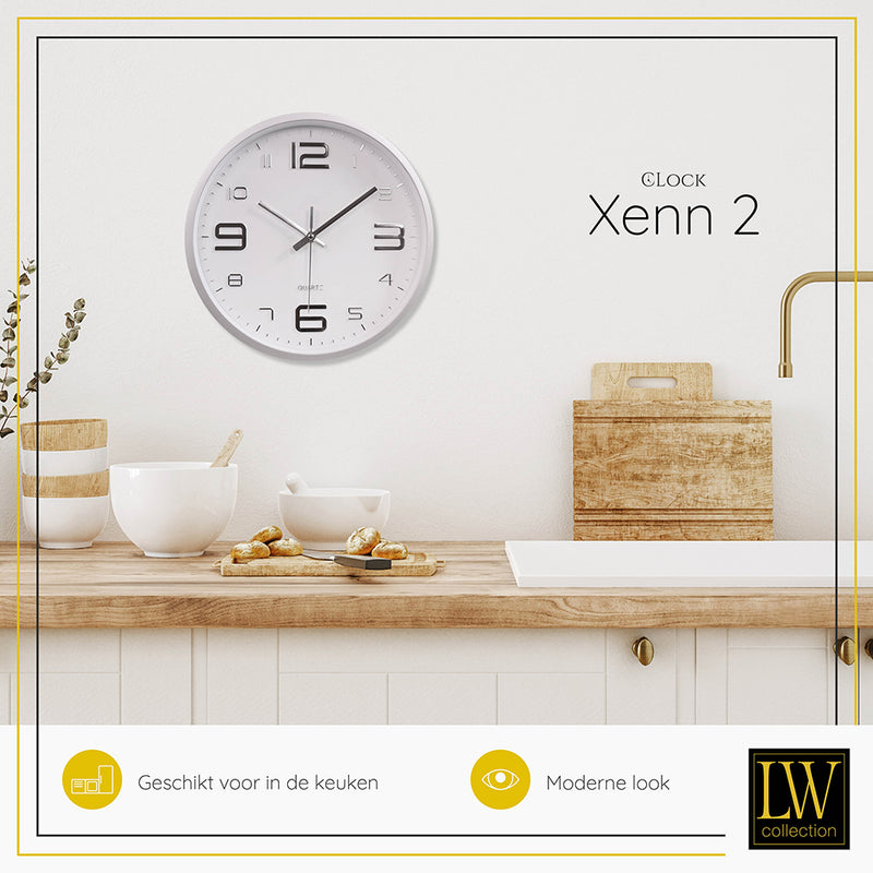 LW Collection Keukenklok Xenn2 zilver wit 30cm - wandklok stil uurwerk wandklok wandklokken klokken uurwerk klok