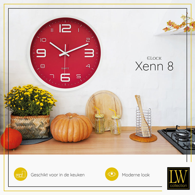 LW Collection Keukenklok Xenn8 rood wit 30cm - wandklok stil uurwerk wandklok wandklokken klokken uurwerk klok