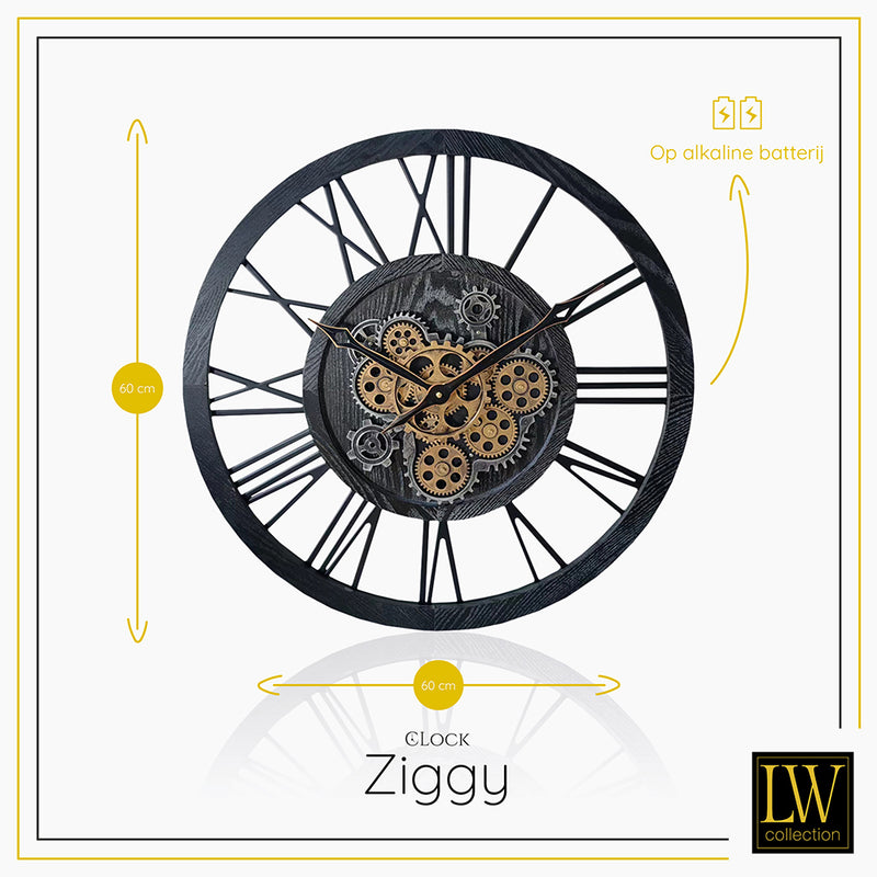 LW Collection Wandklok radar Ziggy zwart 60cm - Wandklok romeinse cijfers draaiende tandwielen - Industriële wandklok stil uurwerk wandklok wandklokken klokken uurwerk klok