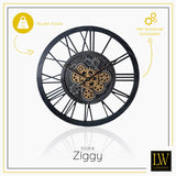 LW Collection Wandklok radar Ziggy zwart 60cm - Wandklok romeinse cijfers draaiende tandwielen - Industriële wandklok stil uurwerk wandklok wandklokken klokken uurwerk klok