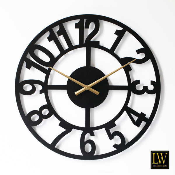 OUTLET Horloge XL Jannah noire avec aiguilles dorées 80cm