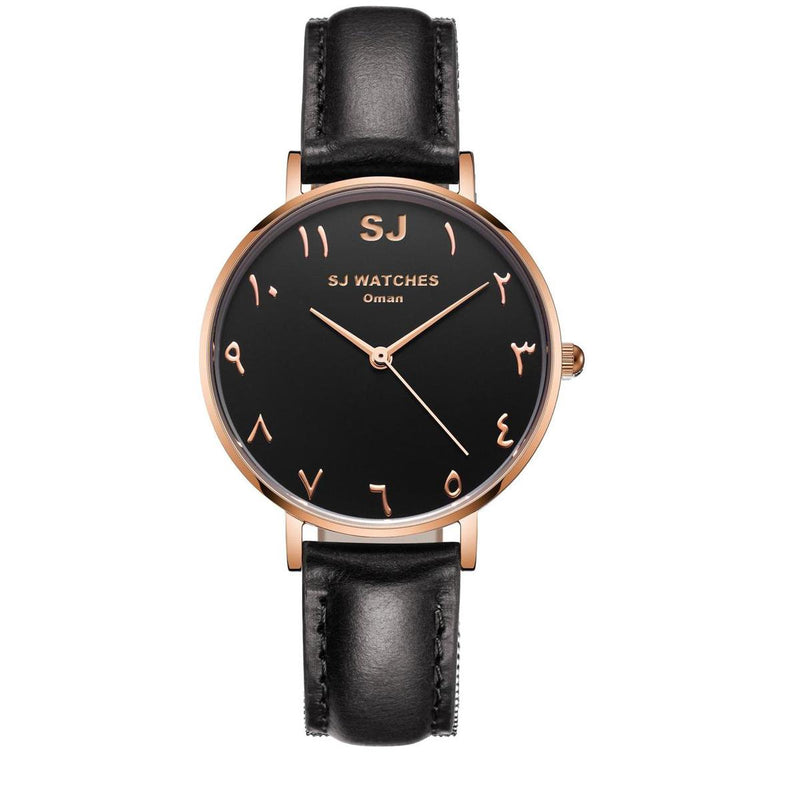 SJ WATCHES Oman horloge dames zwart en rose goud en Arabische cijfers 36mm