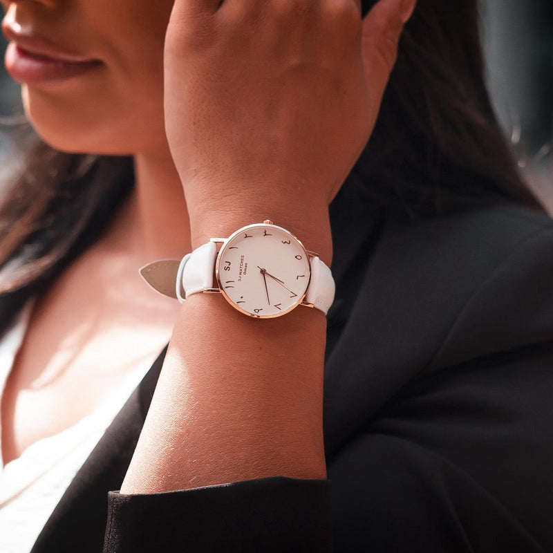 SJ WATCHES Oman horloge dames wit en rose goud en Arabische cijfers 36mm